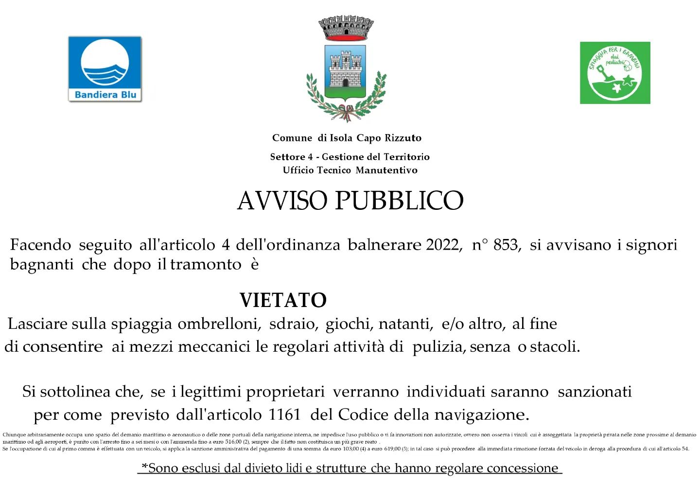 Avviso Pubblico, ordinanza balnare 2022