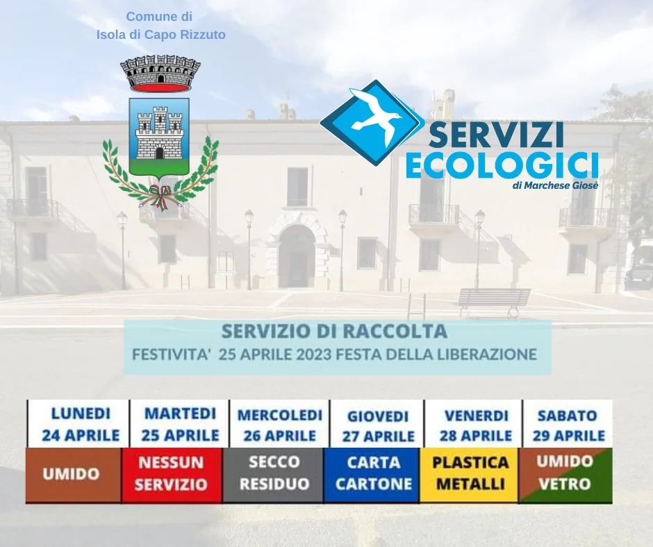 servizio raccolta differenziata settimana 25 aprile
